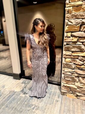 Fashion Nova Silver Beaded V-Neck Maxi Gown with Feather Cap Sleeves